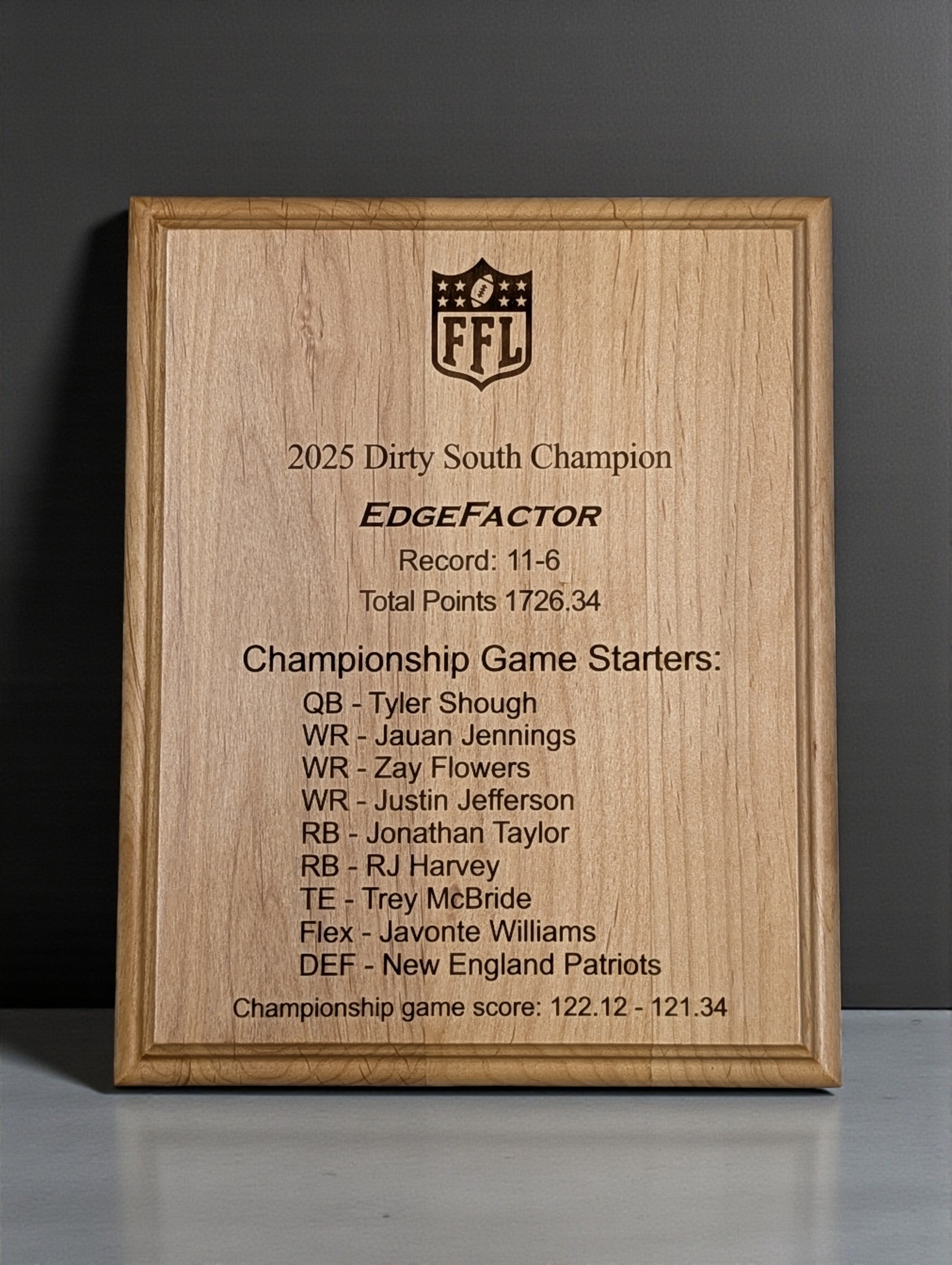 Fantasy Football Trophy Plaque, laser engraved, finished Alder wood.