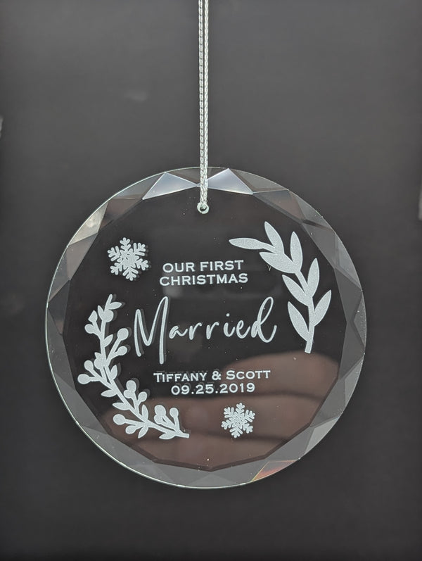 Personalized Glass Christmas Ornament: First Christmas Married, Custom Etched
