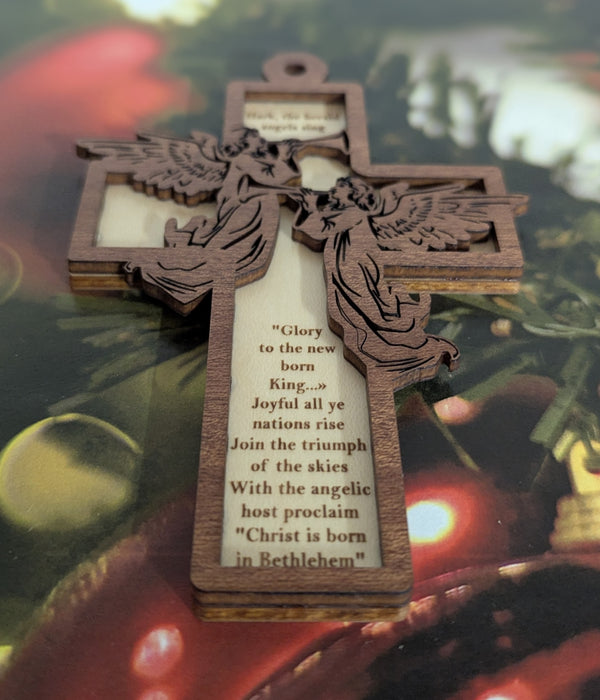 Wooden Cross Christmas Ornament, Laser Engraved Angel