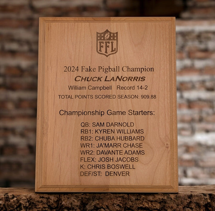 Fantasy Football Trophy Plaque, laser engraved, finished Alder wood.