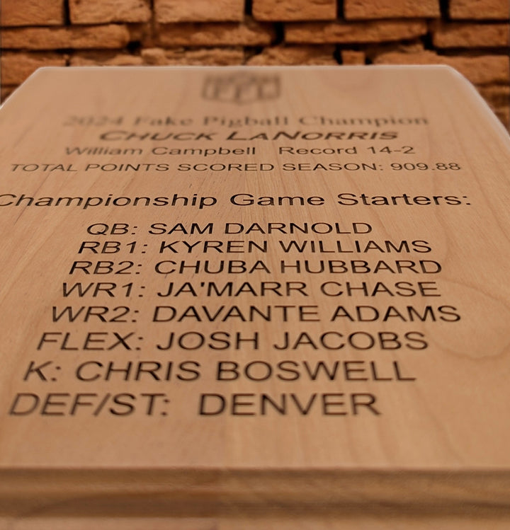 Fantasy Football Trophy Plaque, laser engraved, finished Alder wood.