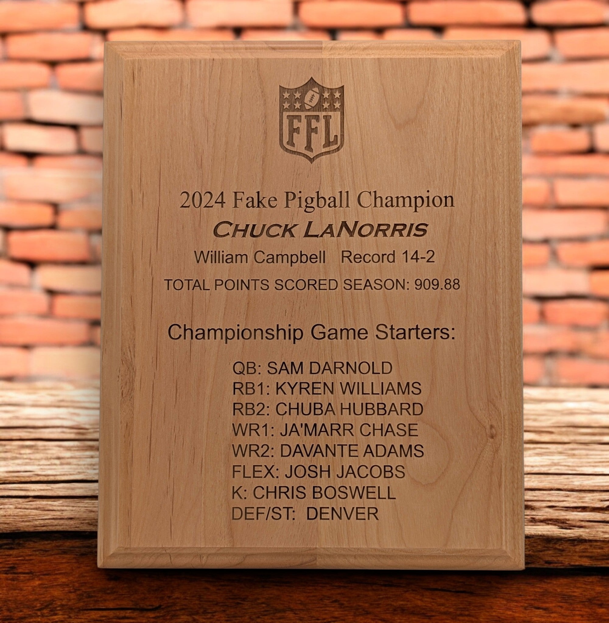 Fantasy Football Trophy Plaque, laser engraved, finished Alder wood.
