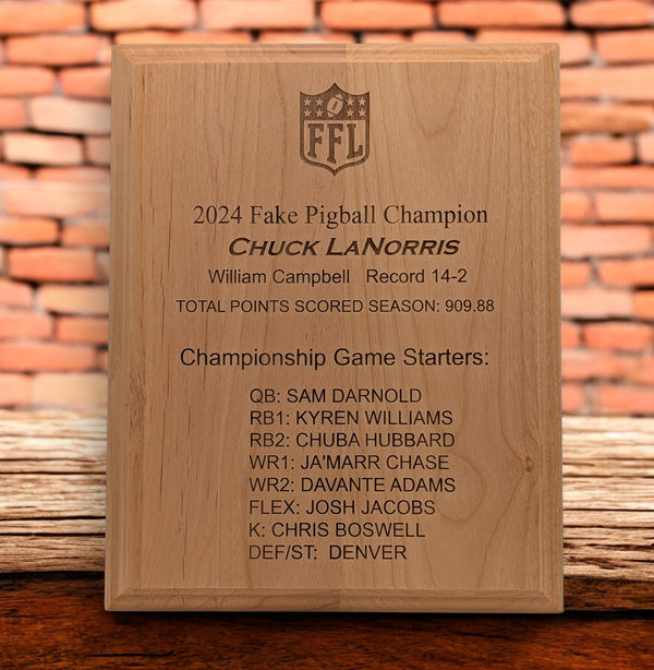 Fantasy Football Trophy Plaque, laser engraved, finished Alder wood.