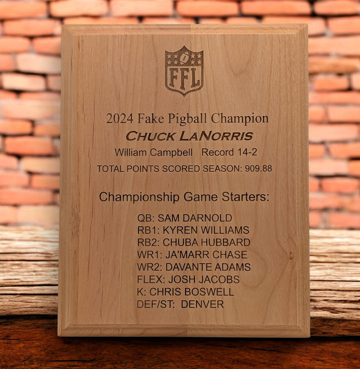 Fantasy Football Trophy Plaque, laser engraved, finished Alder wood.