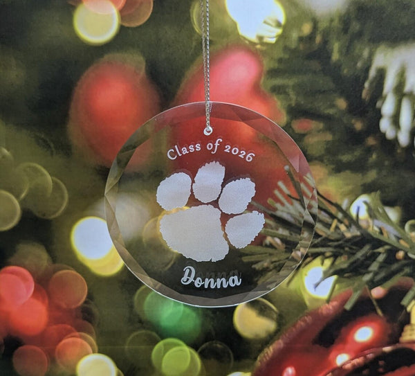 Personalized Glass Christmas Ornament: Laser Etched Tiger Paw